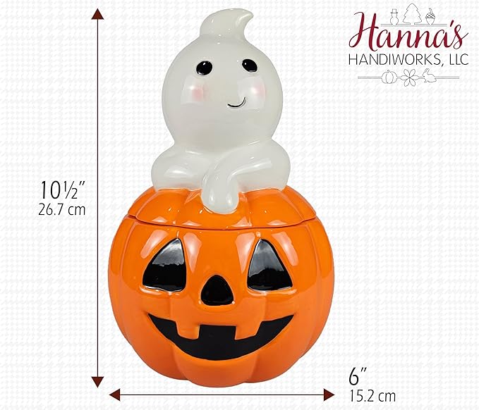 Hanna's Handiworks Halloween Give Thanks Ghost and Pumpkin Jack O’Lantern Cookie Jar - Fun Ceramic Holiday Decor and Kitchen Storage Decoration for Fall Festivities at Home, Office, and School