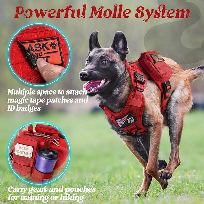 rabbitgoo Tactical Dog Harness for Small, Heavy Duty Pet Harness with Handle, No-Pull Service Vest Small Breed, Adjustable Military Dog Vest for Training Hunting Walking, Red, S