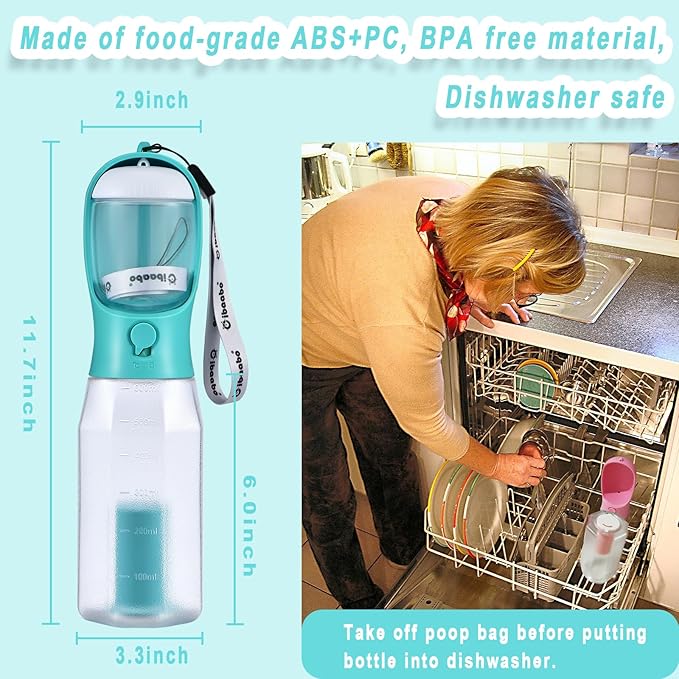 Dog Water Bottle with Food Container & Poop Bag Holder, Travel Water Bowl, Portable Pet Dispenser, Dog Gifts Stuff Accessories Items, Puppy Essentials for Yorkie Chihuahua Walking Hiking