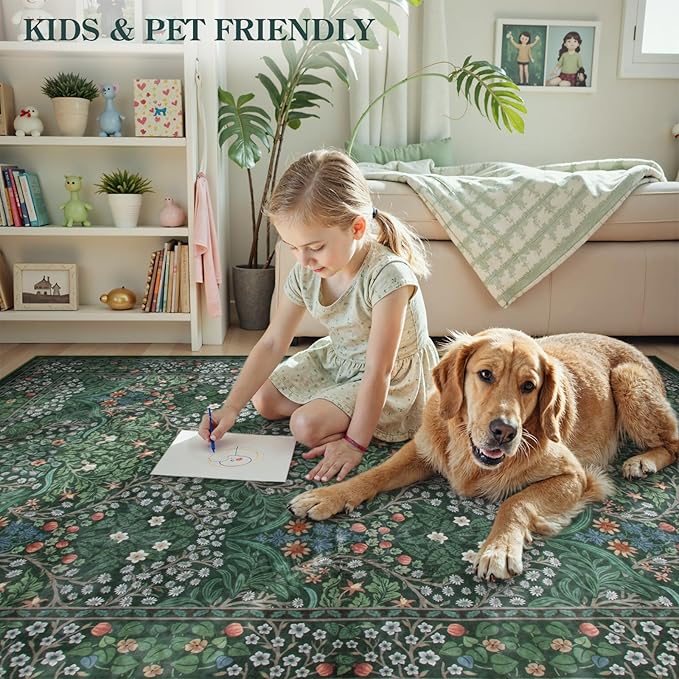 Lahome Floral Washable 6x9 Area Rugs, Soft Green Bedroom Rug for Living Room Ultra-Thin Non Slip Dining Room Rug, Stain Resistant Boho Easy Clean Throw Carpet for Office, Dark Green