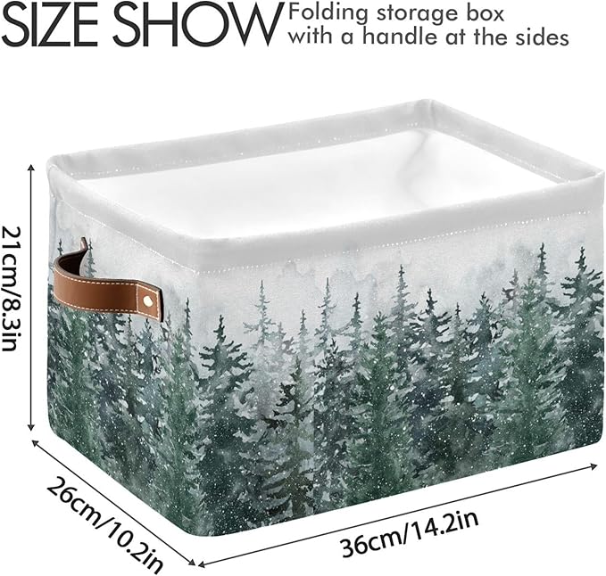 Winter Pine Forest Tree Storage Basket with Waterproof Liner and PU Handles Christmas Snow Scene Storage Bins Boxes 14.2" Collapsible Decorative Organizer Baskets for Bedroom Closet Office 1 Pack