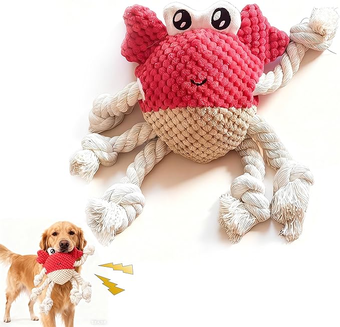 Squeaky Crab Dog Toy with Rope Legs - 5.5''X9.5'' Durable Dog Chew Toy for Small Dogs | Built-in Whistle Sounds | Teeth Cleaning | Interactive Dog Toys （RED）