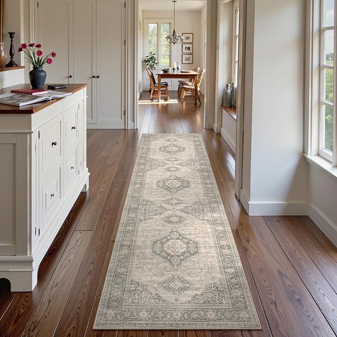 Lahome Oriental Hallway Runner Rug Non Slip, 2.5x8 Kitchen Washable Runner Soft Hallway Rug, Traditional Ultra-Thin Carpet for Bathroom Entryway ?랰aundry Room, Grey/Brown