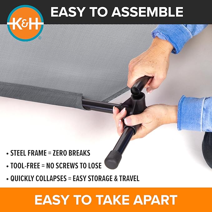 K&H Pet Products Elevated Outdoor Dog Cot Bed, Raised Cooling Bed with Washable Breathable Mesh for Large Dogs, Portable Raised Platform Pet Bed, Heavy Duty Metal Frame Hammock Bed, Large, Gray