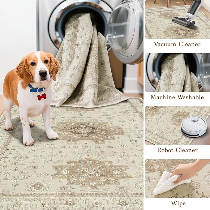 LBRO2M Vintage Washable Rugs 8X10 for Living Room Bedroom Office Farmhouse Non Slip Distressed Area Rugs Easy Clean, Soft, Stain Resistant Carpet Low Piles Great for Pets and Kids (8'X10' Beige)