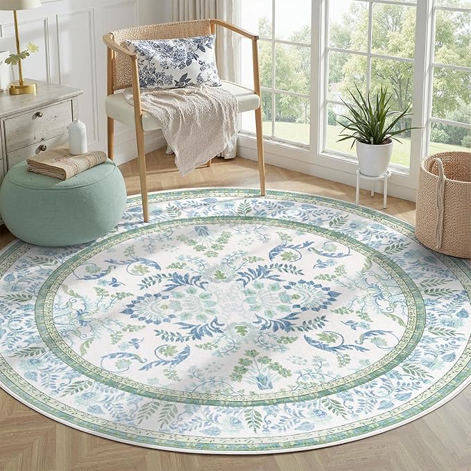 DCX Area Rug 5x5 Botanical Floral Washable Rugs in Green and Blue Soft Non Slip Low Pile Stain Resistant Round Carpet for High-Traffic Areas Bedroom Kitchen