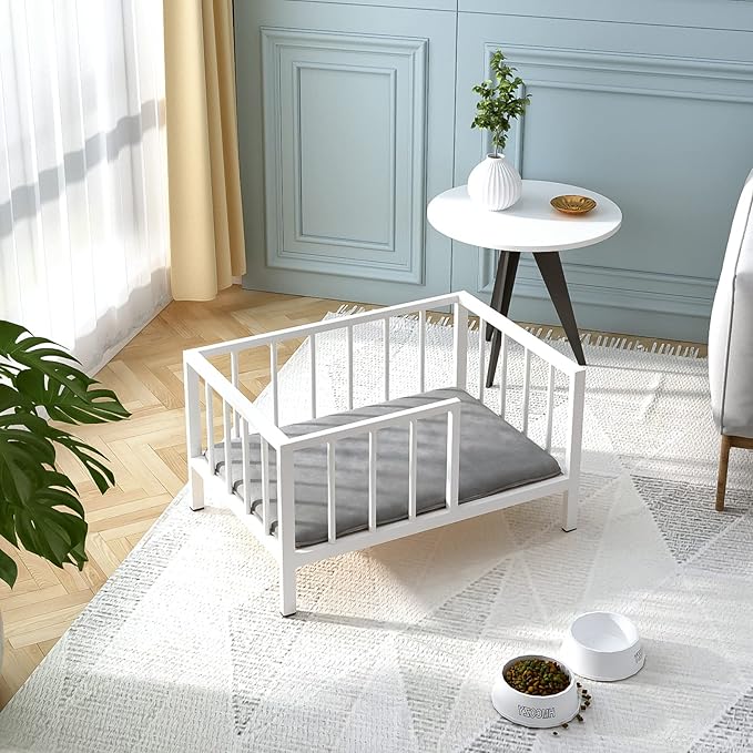 Dog Bed with Rails - Elevated Pet Metal Bed Frame with Solid Wood Board and Washable Soft Mat for Small Dog Indoor or Outdoor Use, 21.3" x 30 ", White