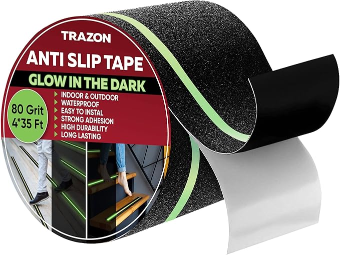 Grip Tape Glow in Dark Stripe - Heavy Duty Anti Slip Tape for Stairs Outdoor/Indoor Waterproof 4 Inch x 35 Feet Non Skid Roll Stair Steps Traction Tread Staircases Grips Adhesive Nonslip Slip Strips