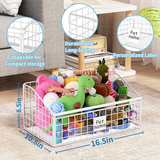 Indestructible Dog Toy basket, Medium Toy Box for Dogs,Pet Toy Bin Dog Metal Basket for Toys, Dog Toy Storage, Dog Storage Organizer,Dog Toy Box for Living Room Area (White)