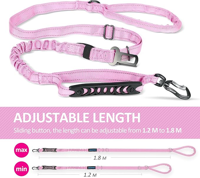 IOKHEIRA Dog Leash, Multifunctional for Medium & Large Dogs, Adjustable with Car Seatbelt, 4-6 FT Strong Bungee, Pink