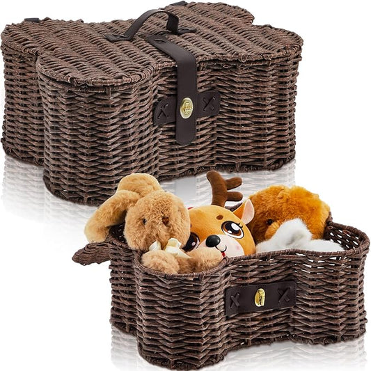 Barydat 2 Set Large Small Dog Toy Basket with Lid Bone Shaped Basket for Dog Natural Wicker Woven Handmade Pet Puppy Toy Organizer and Storage Box Bin for Cats Brown