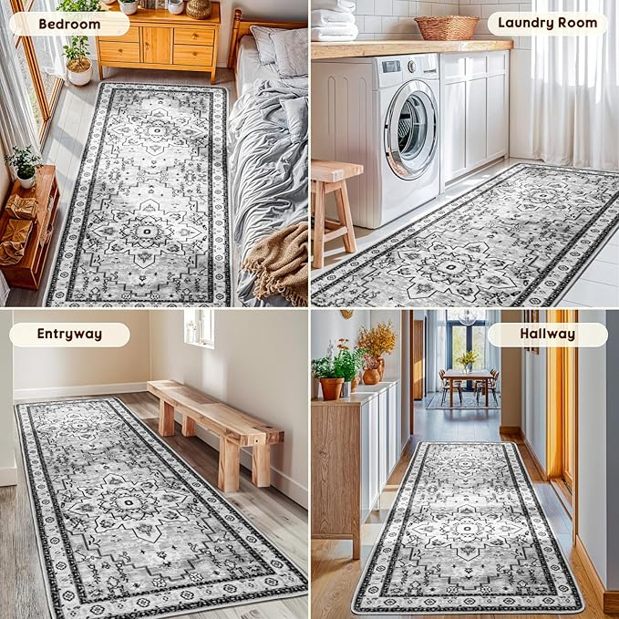 LBRO2M Boho Washable Runner Rug 2'6“X8’ Gray Washable Hallway Runner Rugs Non Slip Low Piles Rugs, Soft, Area Rug Runners for Hallways, Bedroom, Kitchen Laundry Room (2'6"X8', Gray)