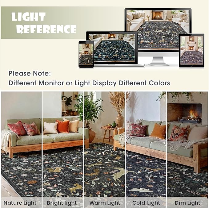 8x10 Area Rugs Washable Rug: Lagre Boho Living Room Rug Soft Non-Slip Thin Carpet Indoor Floor Non-Shedding Neutral Floral Carpets for Bedroom Dining Room Farmhouse Nursery Black