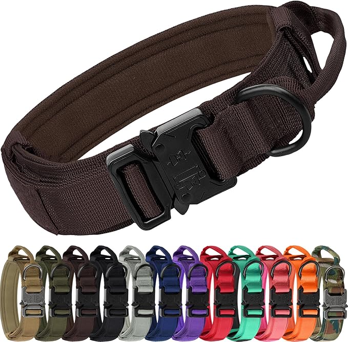 Joytale Tactical Dog Collar with Handle, Adjustable Heavy Duty Military Collar with 2 Patches for Training, Suitable for Medium Dogs, Brown, M