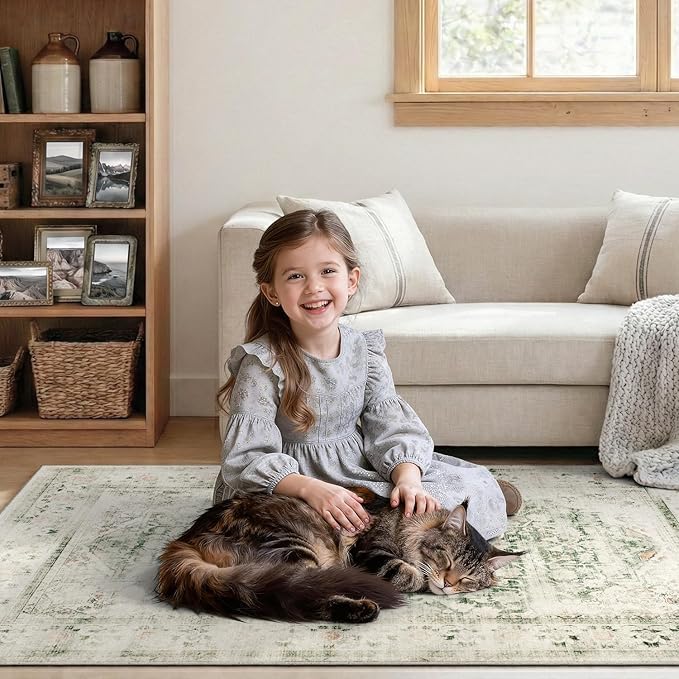 DCX 8x10 Green Rug, Machine Washable Stain Resistant Distressed Vintage Rug, Kid & Pet Friendly with Rubber Back Non Slip Soft Low Pile Large Carpet for Living Room, Bedroom, Home Office