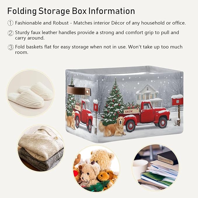 Christmas Tree Red Truck Storage Basket Fabric Laundry Baskets Winter Snowman Snowflake Golden Retriever Dog Storage Boxes Organizer Bag for Cloth Toy Book Storage Cubes Shelf Closet Bins 16×12×8