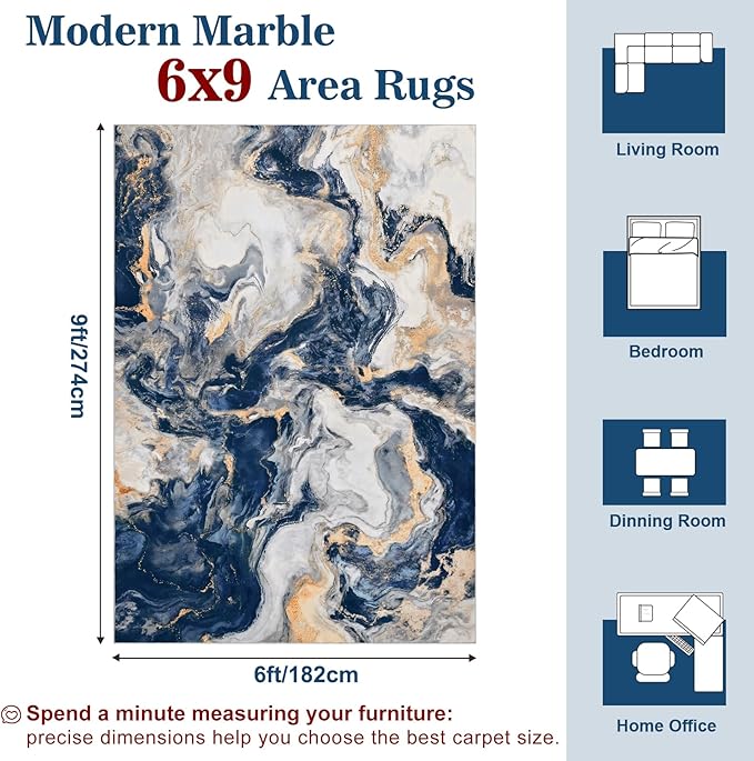 Yinhua Marble Area Rug 6x9, Modern Washable Rug Non Slip, Soft Faux Wool Abstract Rugs Non Shedding, Low Pile Living Room Rugs Pet Friendly, Blue and Gold Carpet for Bedroom Nursery Office