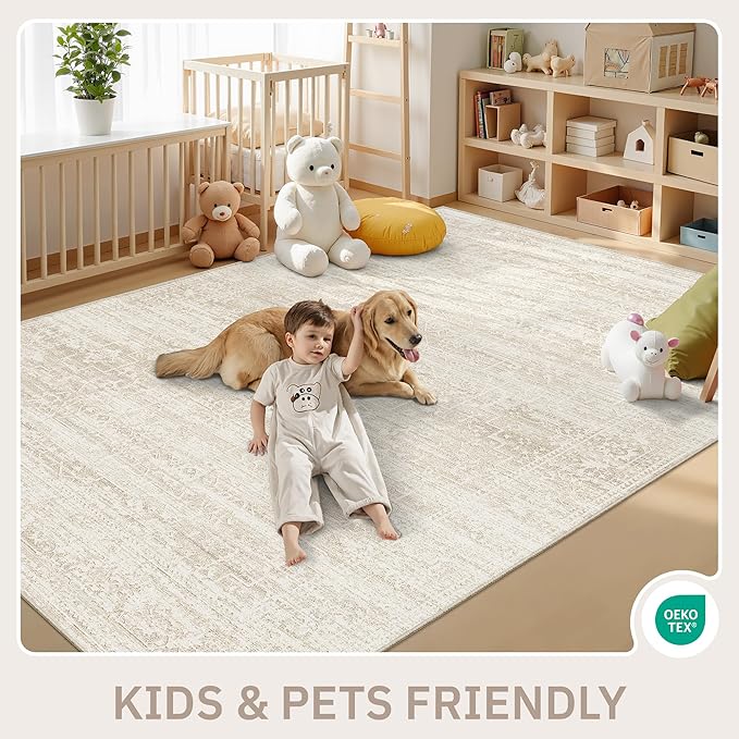 Living Room 10x14 Area Rugs, Washable Low Pile Non-Slip Stain Resistant Extra Large Thin Rug, Vintage Soft Throw Carpet for Dining Room Bedroom Farmhouse Home Office Decor Beige/Cream