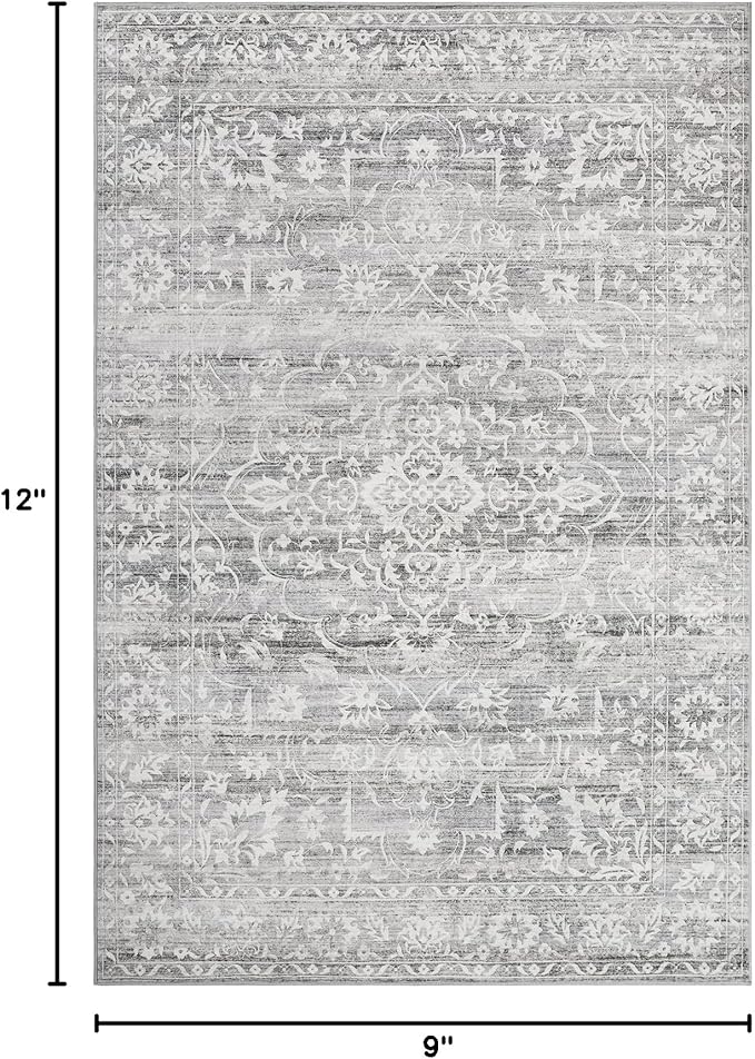 9x12 Washable Area Rugs for Living Room, Vintage Floral Stain Resistant Non-Slip Low Pile Natural Rug Soft Throw Large Carpet for Dining Room Bedroom Farmhouse Home Office (Grey, 9'x12')