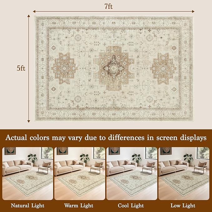 LBRO2M Farmhouse Washable Rugs 5X7 for Living Room Bedroom Vintage Non Slip Rugs Easy Clean, Low Piles Stain Resistant Carpet Distressed Area Rug Great for Pets and Family (5'X7' Beige)