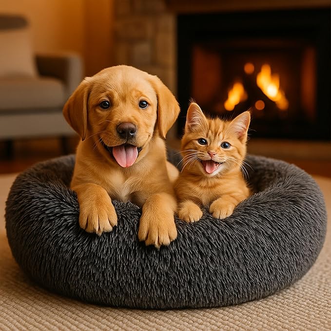 Calming Dog Bed - Fluffy Donut Cuddler for Anxiety Relief, Orthopedic Pet Bed with Non-Slip Bottom, Cozy Round Faux Fur Nest for Dogs and Cats, Plush Crate Mat for Comfort (Dark Grey, Large)