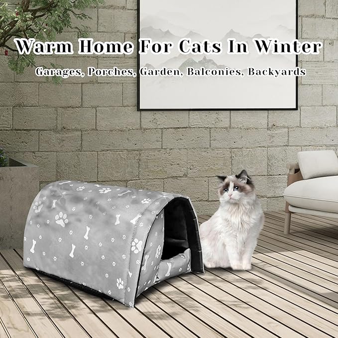 Fhiny Stray Cats Shelter, Waterproof Outdoor Cat House Foldable Warm Pet Cave for Winter Wild Animal Tent Bed Anti-Slip Kitten Cave for Feral Cat Dog Puppy Weatherproof Grey