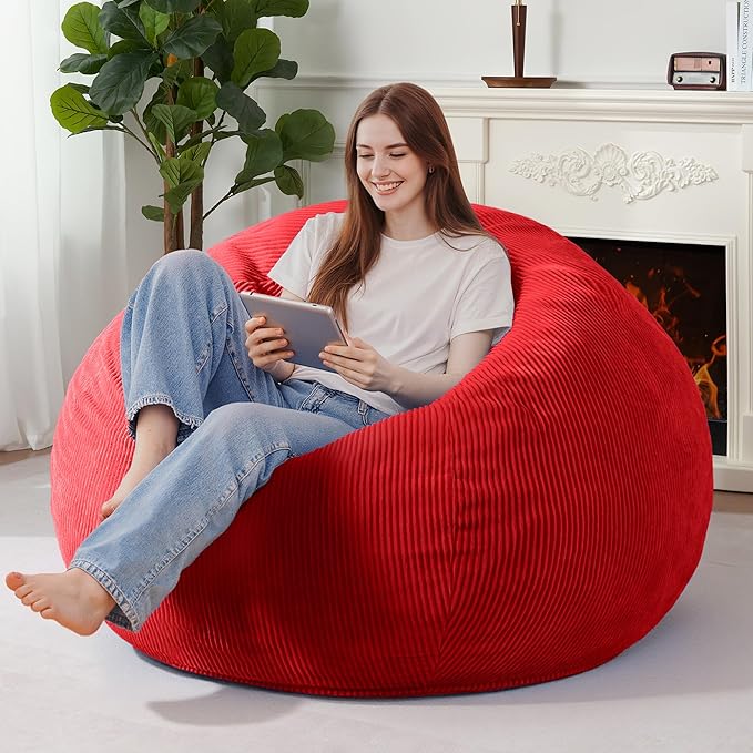 Homguava 5FT Bean Bag Chair for Adults,Teardrop Giant Bean Bags Big Beanbag Chair with Memory Foam Filled and Ultra Soft Removable Corduroy Cover for Living Room, Bedroom(Red)