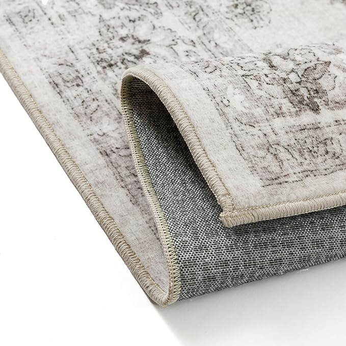 3x5 Area Rug Gray Washable Vintage Entryway Office Carpet Small Non Slip Soft Low Pile Soft Thin Kitchen Bathroom Retro Accent Throw Rug Entrance Bedroom Office Living Room Laundry