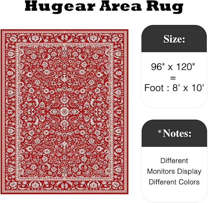 HUGEAR Christmas 8x10 Machine Washable Rugs Red Hallway Large Area Rug Indoor Accent Rug Floral Low Pile Carpet Soft Throw Aesthetic Rug Bedroom Living Room Office Dining Room Kitchen Laundry Room