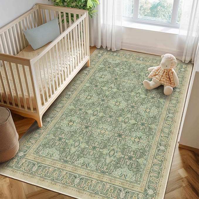 Sage Green Area Rug 5x7, Non Slip Washable Rugs for Living Room Bedroom Low Pile Thin Soft, Boho Floral Moroccan Pattern Printed Carpet Rug for Nursery Playroom Dining Room Home Office