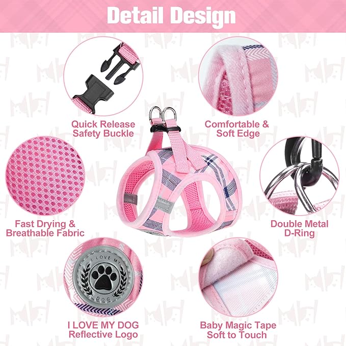 BEAUTYZOO Small Dog Harness and Leash Set,Step in No Choke No Pull Soft Mesh Dog Harnesses Reflective for Extra-Small Medium Puppy Dogs and Cats, Plaid Dog Vest Harness for XS S Pets, Pink XS