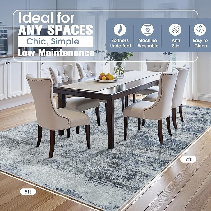5x7 Area Rugs for Living Room Rug Washable: Abstract Tumble Large Rug for Dining Room Bedroom Carpet Non Slip 5 by 7 Indoor Modern Nursery Home Office Alfombras para Salas Modernas Blue Grey