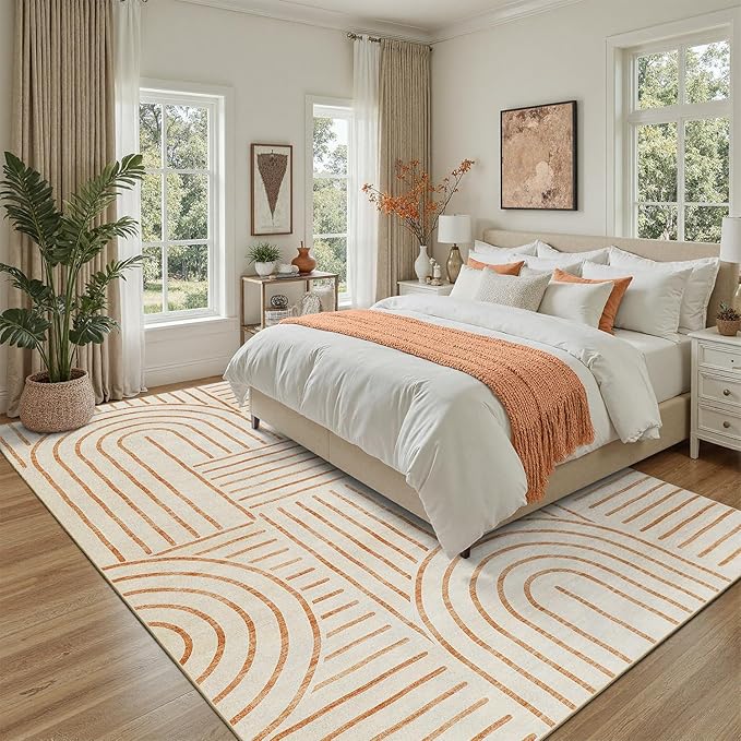 DCX Beige Machine Washable 8x10 Area Rugs, Midcentury Modern Non Slip Stain Resistant Rug 8x10 for Living Room, Playroom, Dining Room, Soft Low Pile Large Carpet