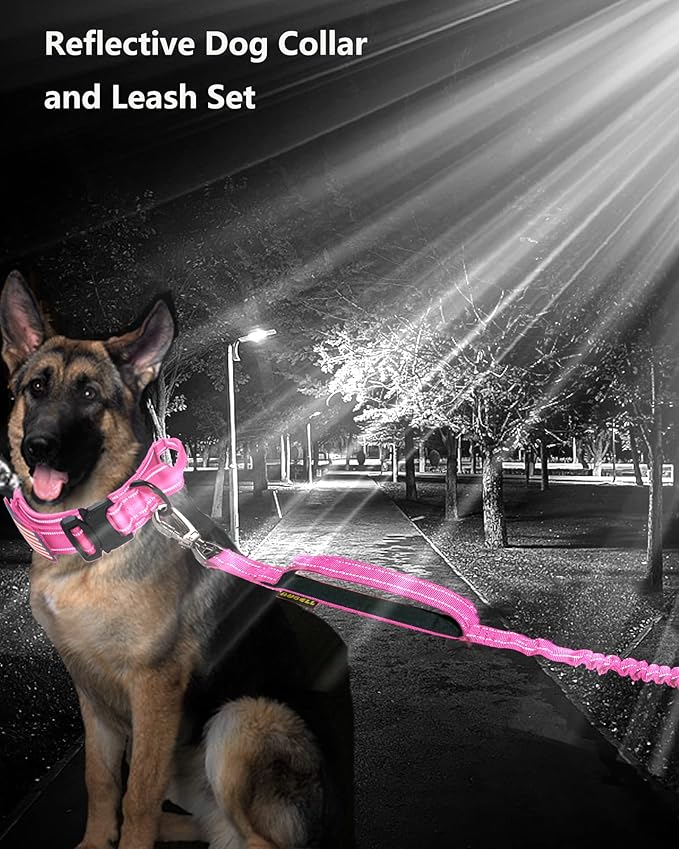AUBELL Tactical Dog Collar and Leash Set, Reflective Adjustable Heavy Duty Military K9 Collars with Handle and Metal Buckle for Medium Dogs, with Airtag Case and 2 Patches(Pink,M)