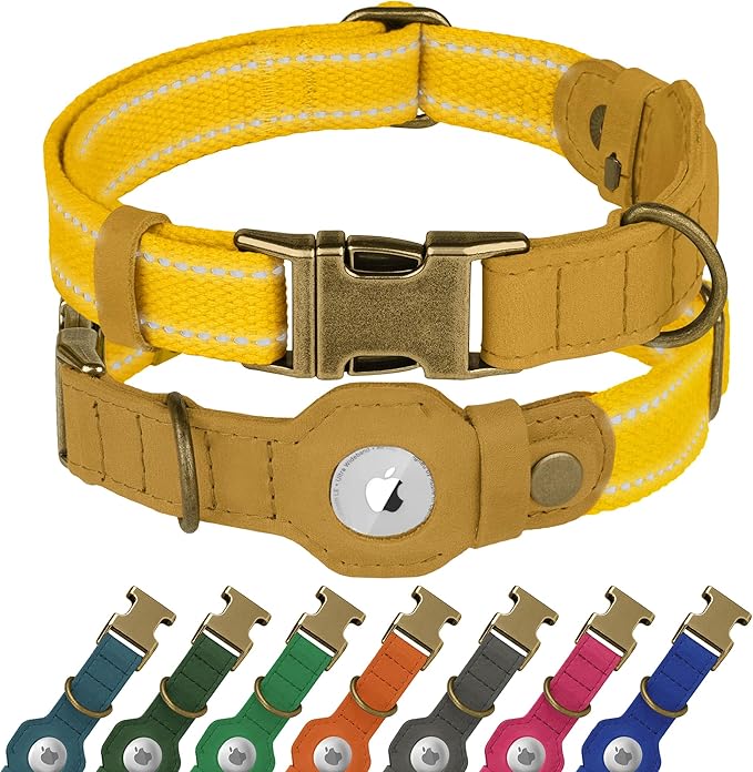 Reflective Leather Dog Collar with AirTag Holder - Soft Apple Airtag Dog Collar with Metal Buckle - Safety Cotton Pet Collars for Dogs Small Large Dogs Puppy (Yellow, XS, 9"-12")
