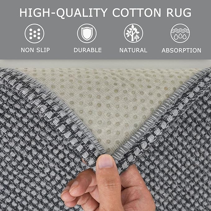 KOZYFLY Runners for Hallways 2x6 ft Washable Kitchen Runner Non Slip Rubber Backed Hall Runners Cotton Entryway Runner Rugs Floor Carpet for Indoor Backdoor Bedroom Kitchen, Grey/Dark Grey