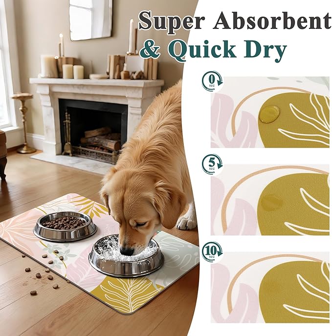 Topotdor Boho Dog Food Mat for Floors, Absorbent Quick-Dry Cat Pet Feeding Mat, Non-Slip Dog Bowl Mat for Food and Water, Pet Placemat for Dogs, Cats, Puppy Accessories, 12"x20", Pink