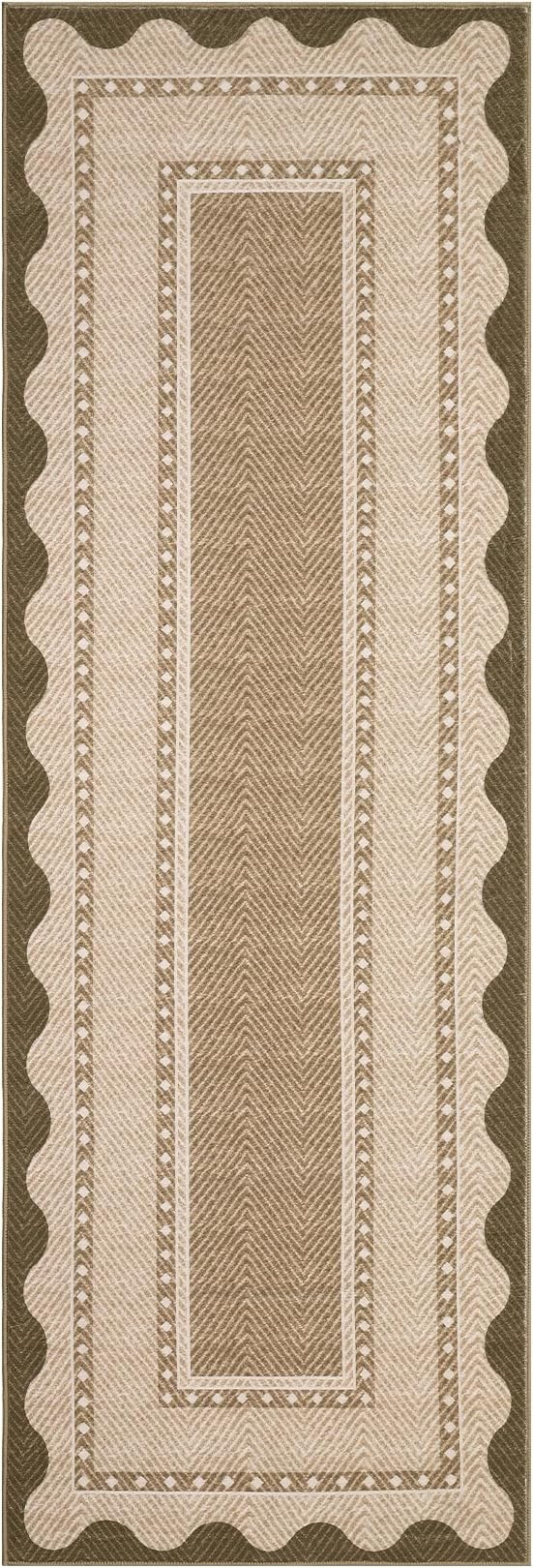 GarveeHome Hallway Runner Rug 2x6 Washable Modern Neutral Area Rug, Non Slip Low Pile Border Kitchen Mats for Floor, Contemporary Stain-Resistant Soft Accent Carpet for Bedroom, Entryway, Linen Color