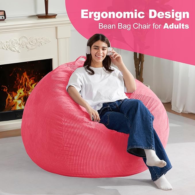 Homguava 4FT Bean Bag Chair for Adults,Teardrop Bean Bags Big Beanbag Chair with Memory Foam Filled and Ultra Soft Removable Corduroy Cover for Living Room, Bedroom (Pink)