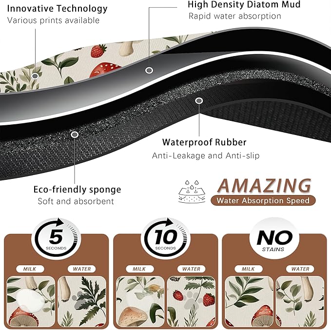 Red Mushroom Pet Feeding Mat,Fern Herb Berries Absorbent Quick-Dry Cat Dog Food and Water Bowl Mats,Non-Slip Rubber Backing Mat,Cat Dog Accessories Supplies 12"x20"