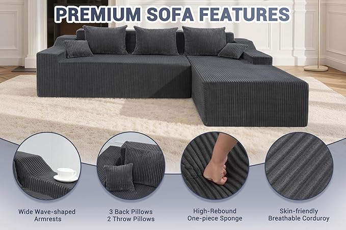 HABUTWAY 101'' Modular Sectional Sofa Cloud Couch with Deep Seat, Modern L-Shaped Convertible Couches Upholstered Couch with Chaise for Living Room Bedroom (Grey, Right-Facing Chaise)