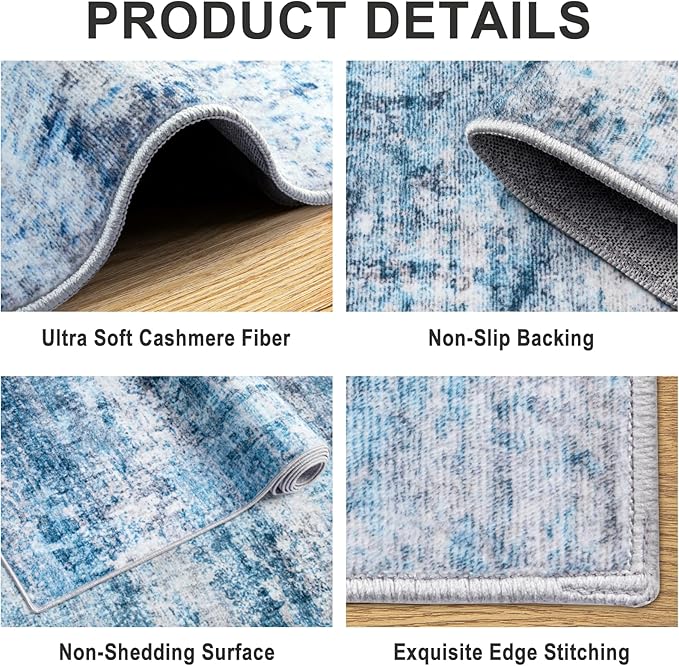8x10 Area Rugs for Living Room - Washable Rug Modern Abstract Soft Large Neutral Non-Slip Carpet Indoor Floor Thin Carpets for Bedroom Dining Room Farmhouse Nursery Home Office Blue Grey