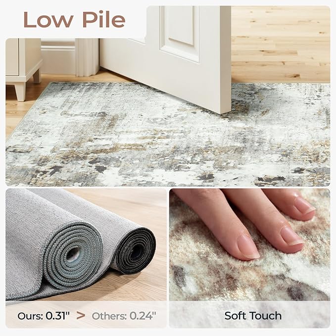 Neutral Area Rug 6x9 Washable Rugs for Living Room Aesthetic, Large Abstract Non-Slip Low-Pile Printed Accent Carpet for Bedroom Office, Brown/Grey