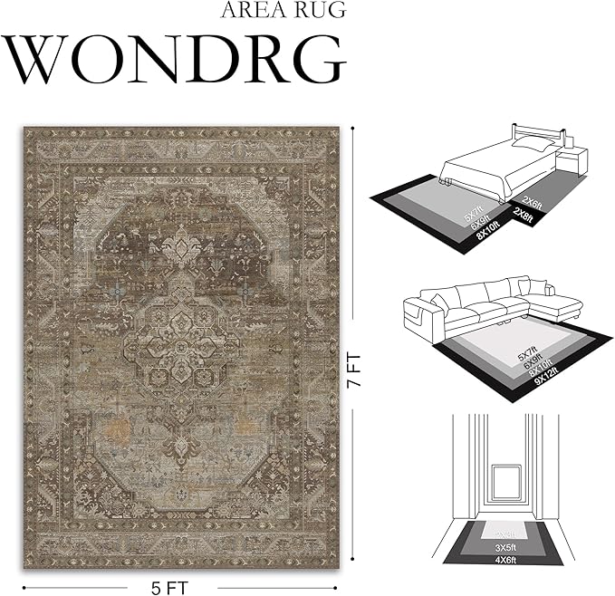 5x7 Brown Washable Vintage Area Rug for Living Room Bedroom Non Slip Distressed Traditional Soft Large Throw Rug Low Pile Lightweight Floral Carpet Office Classroom Dining Laundry Room