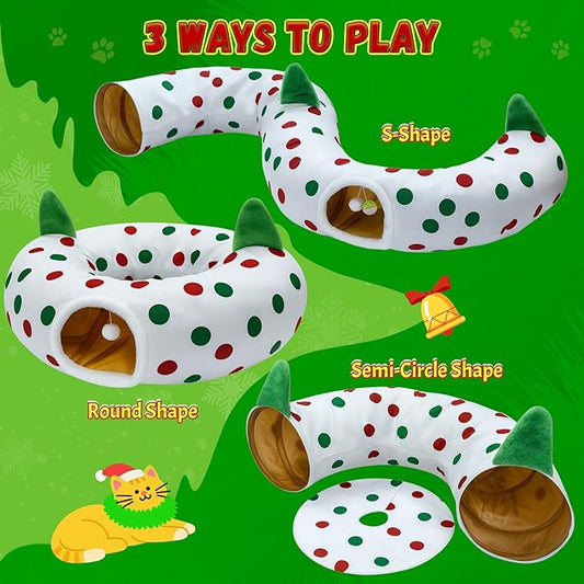 Cat Tunnel Christmas Tree Skirt, 3ft x 3ft x 9.8in Cat Tunnels for Indoor Cats, Red and Green Dot Cat Donut Tunnel with Hanging Ball and Cat Ears, Kitten Toys for Indoor Kittens Puppy Rabbit