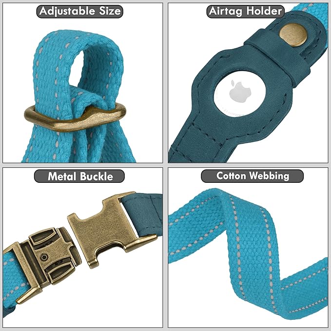 Reflective Leather Dog Collar with AirTag Holder - Soft Apple Airtag Dog Collar with Metal Buckle - Safety Cotton Pet Collars for Dogs Small Large Dogs Puppy (Sky Blue, XL, 20"-25")