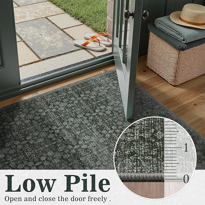 DCX 4x6 Neutral Rug, Kid & Pet Friendly with Rubber Back Non Slip, Machine Washable Stain Resistant Dark Blue and Green Floral Rug for Living Room, Bedroom, Soft Low Pile Large Nursery Carpet