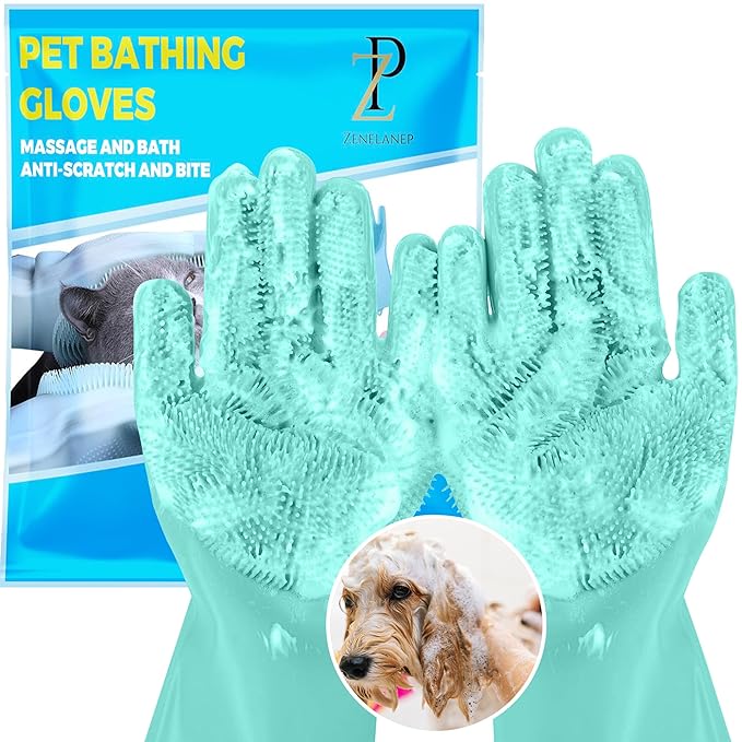 Pet Grooming Gloves - High-Density Silicone Gloves with Enhanced Five Finger Design for Washing, Bathing and Massaging Dogs and Cats (Green)