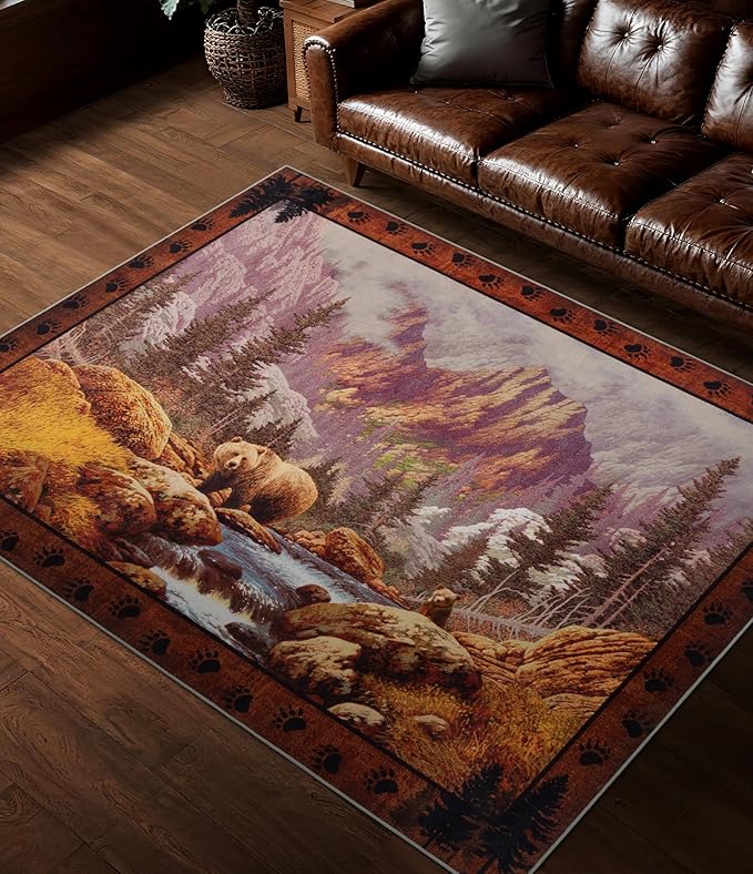 YIHOUSE Rustic Cabin Area Rug for Bedroom 5x7,Machine Washable Woodland Bear Rug,Non-Slip Low Pile Print Pattern Mountain Rug for Living Room