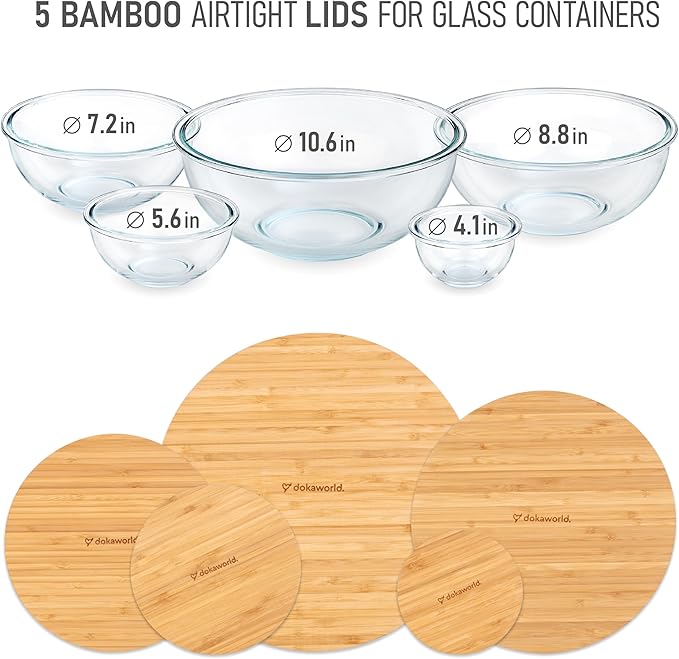 Glass Mixing Bowls Bamboo Lids - Lids are compatible with all Glass Mixing Bowls Set